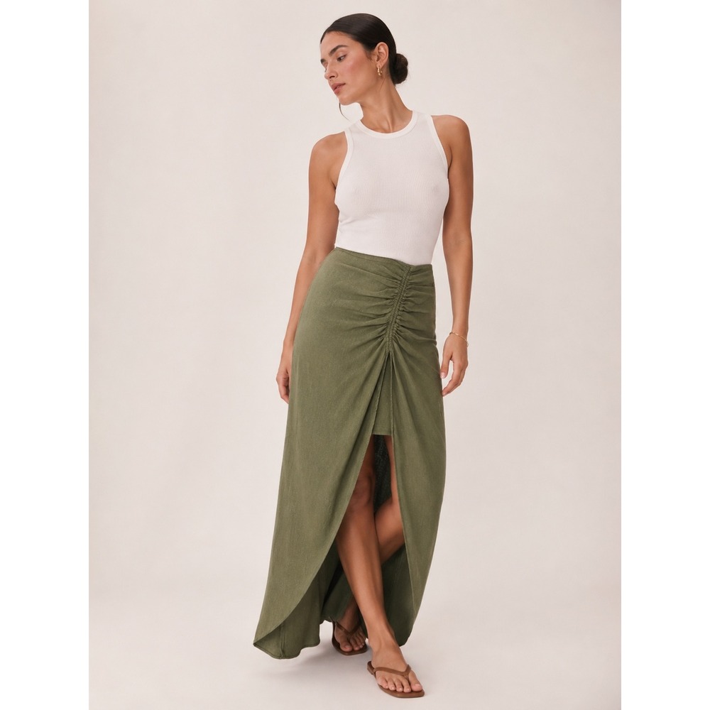Zara Maxi Skirt Womens L Olive Green Excellent Ruched High Slit Linen Blend Boho